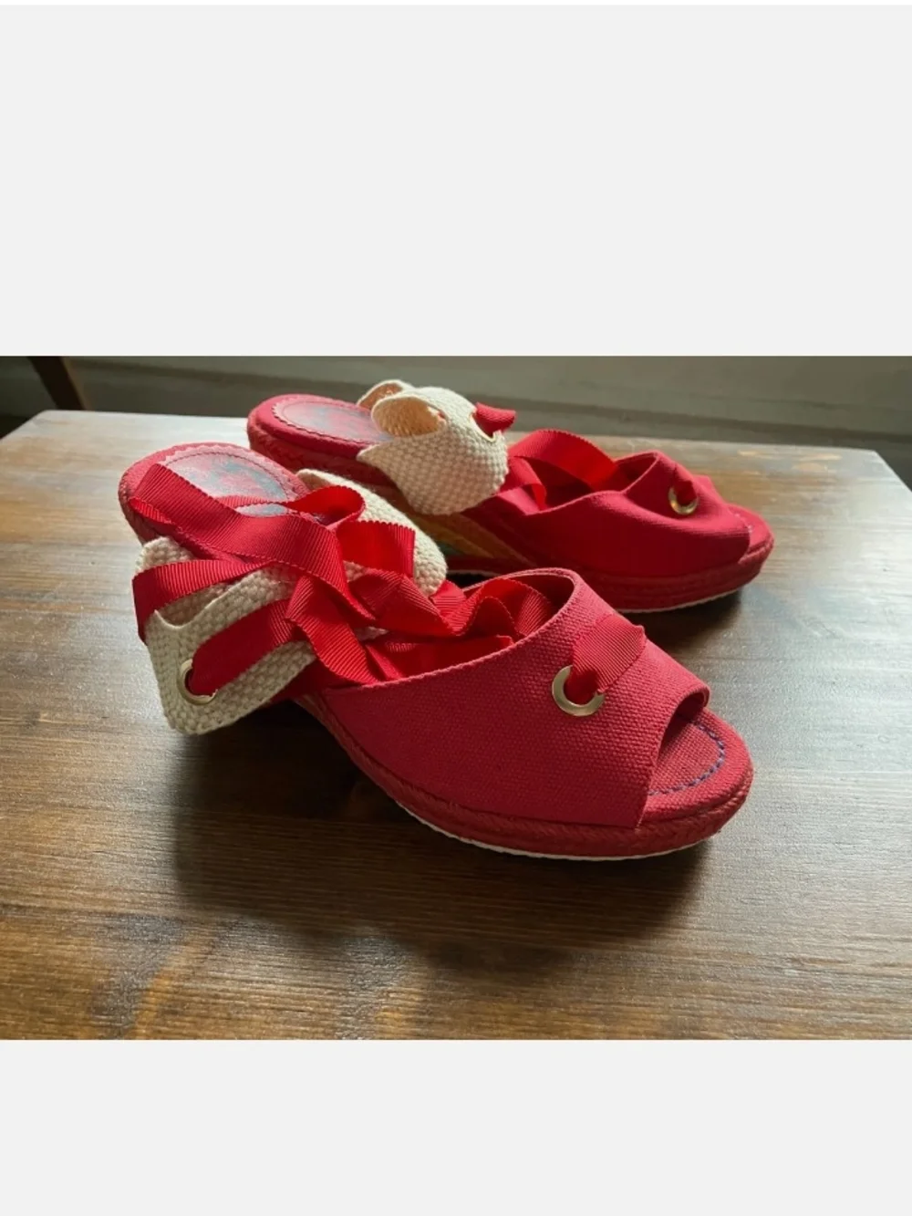 Red Ankle-Tie Wedge Sandals with Rainbow Espadrille
